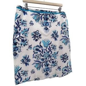 Talbotts Blue White Floral Urn Pencil Skirt Cotton Blend Ribbon Waist Sz 18
